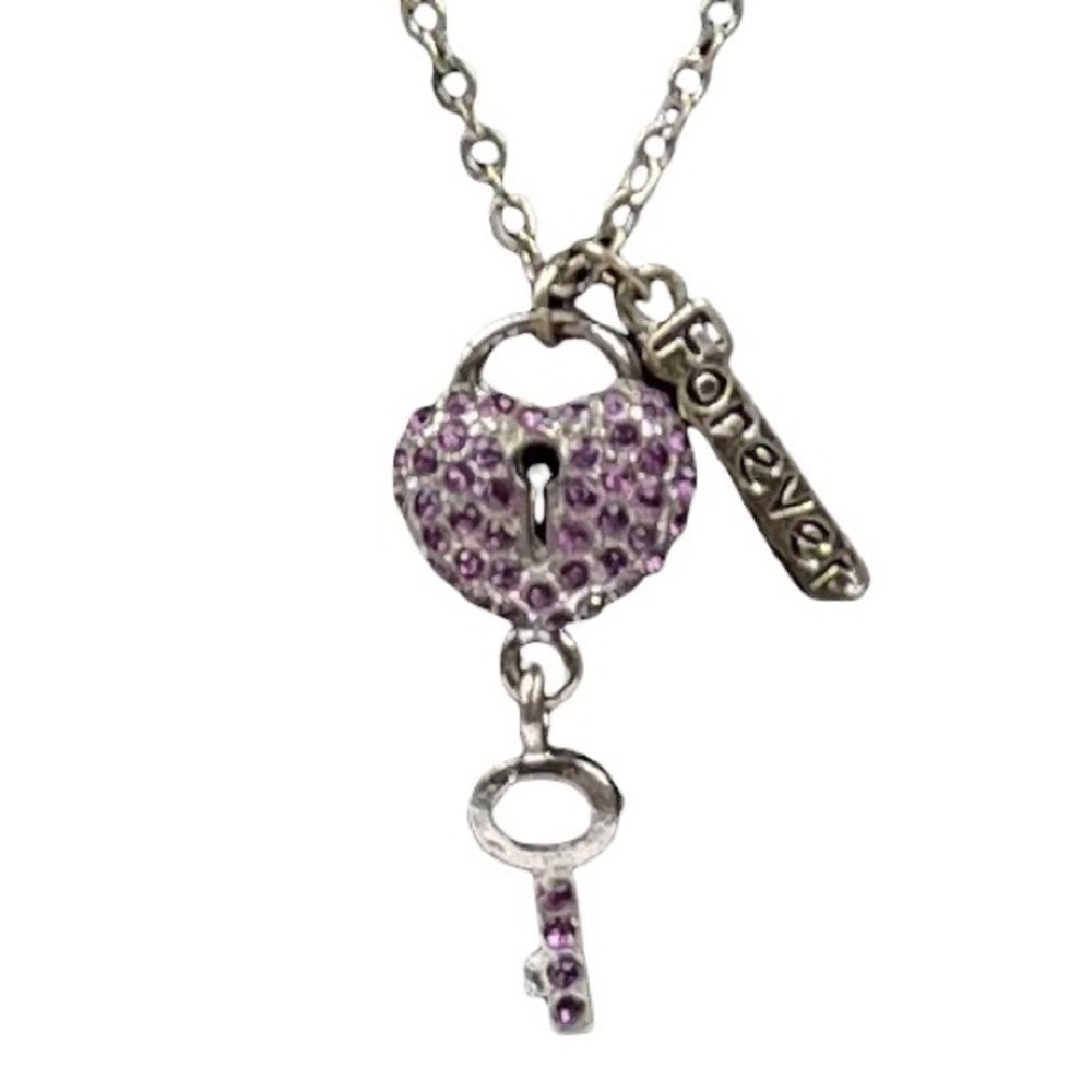 Rhinestone Pink Heart Lock Dangle Key and Forever Silver Tone Charm